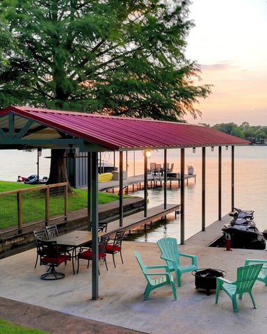 Waterfront property with mature trees, hammock, wooden deck, and boat dock on calm blue river